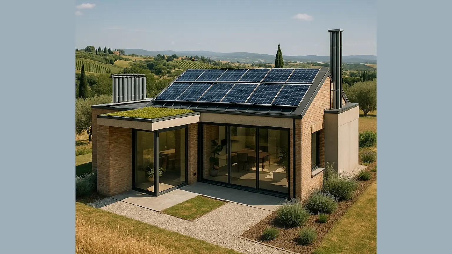 Attestato Prestazione Energetica, immagine generata di un loft di campagna con fotovoltaico