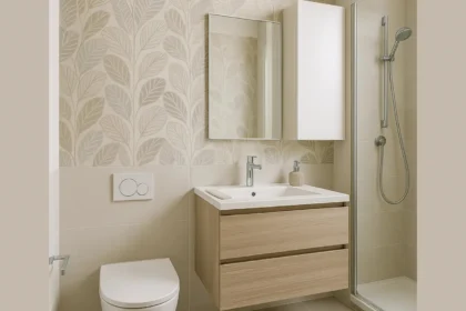 Ristrutturazione bagno piccolo, immagine render colori tenui