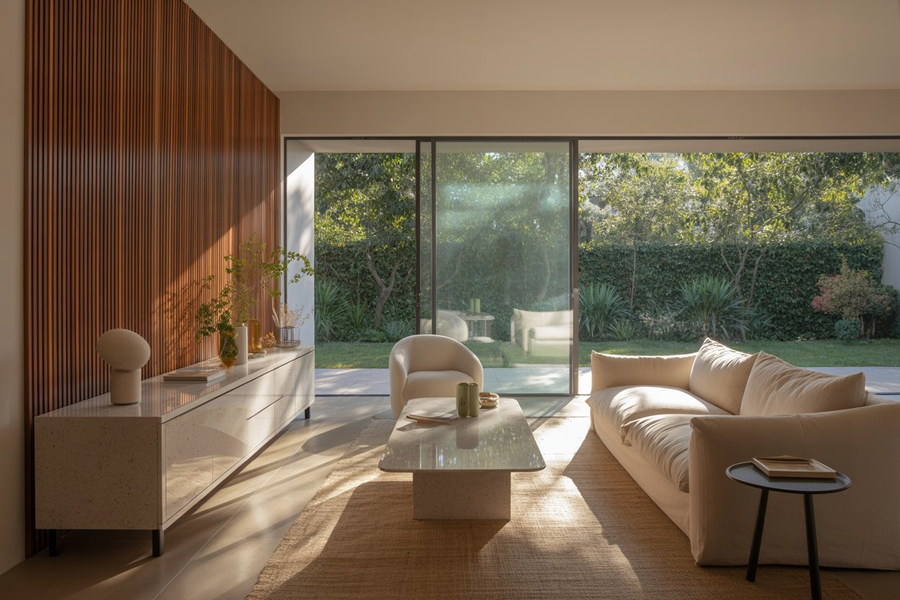 Materiali per l'interior design, immagine di un interno con legno cannettato