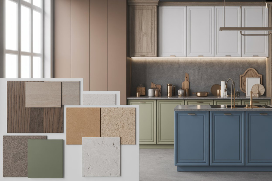 Ristrutturare la cucina, render di interni, con palette di colori