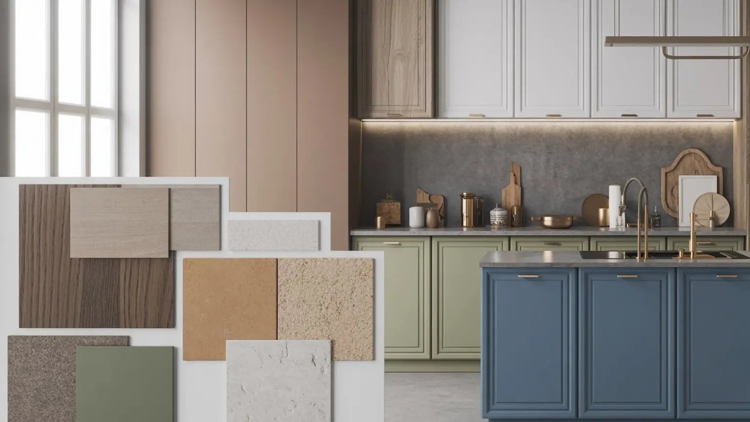 Ristrutturare la cucina, render di interni, con palette di colori
