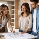 Ristrutturare casa senza stress, immagine interno con coppia giovane immaginaria e architetto che mostra progetto su foglio accanto a computer su scrivania