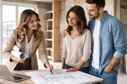 Ristrutturare casa senza stress, immagine interno con coppia giovane immaginaria e architetto che mostra progetto su foglio accanto a computer su scrivania